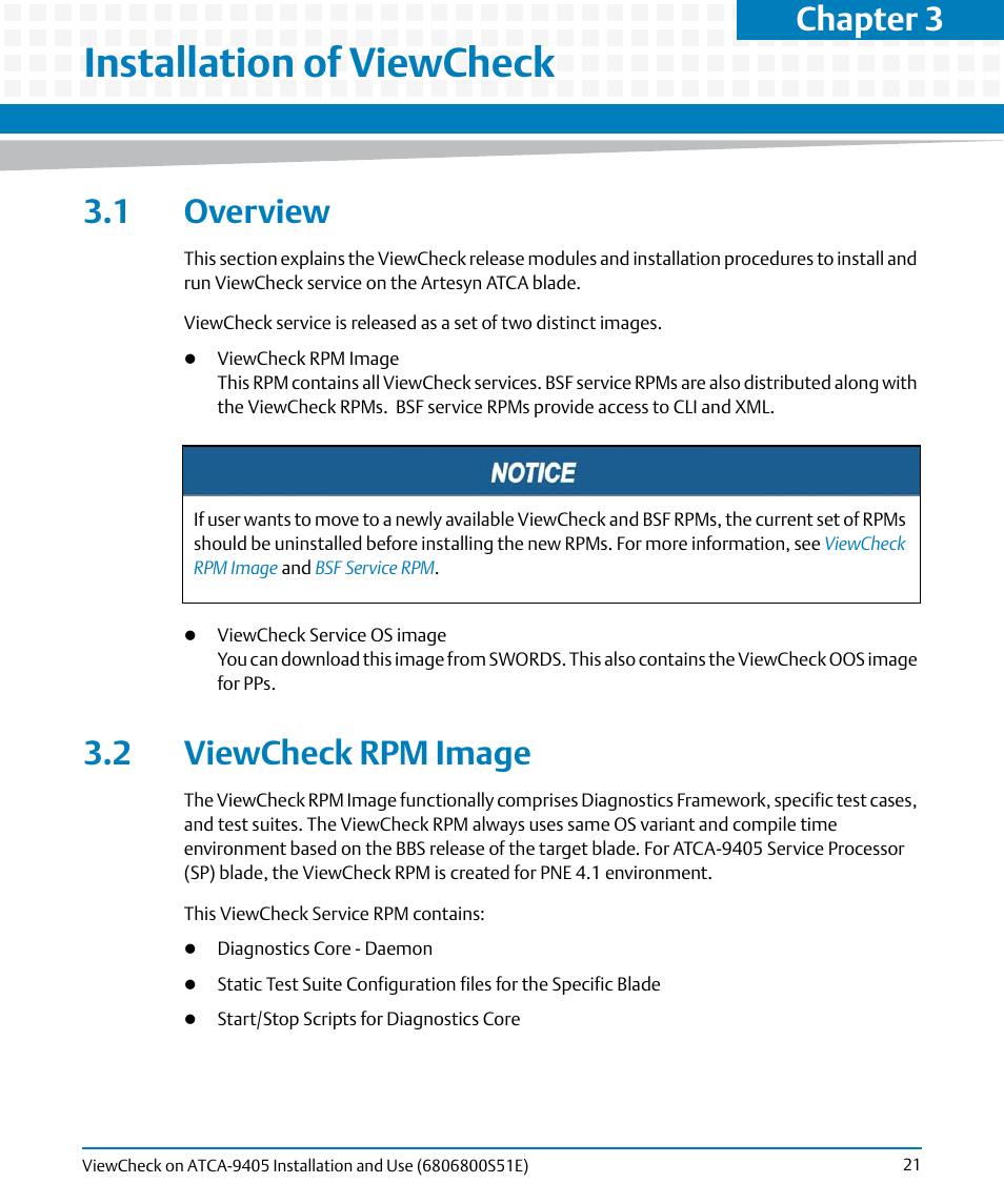 Installation of viewcheck, 1 overview, 2 viewcheck rpm image | 1 overview 3.2 viewcheck rpm image, Ions, Overview, Viewcheck rpm image, Chapter 3 | Artesyn ViewCheck on ATCA-9405 Installation and Use (September 2014) User Manual | Page 21 / 90