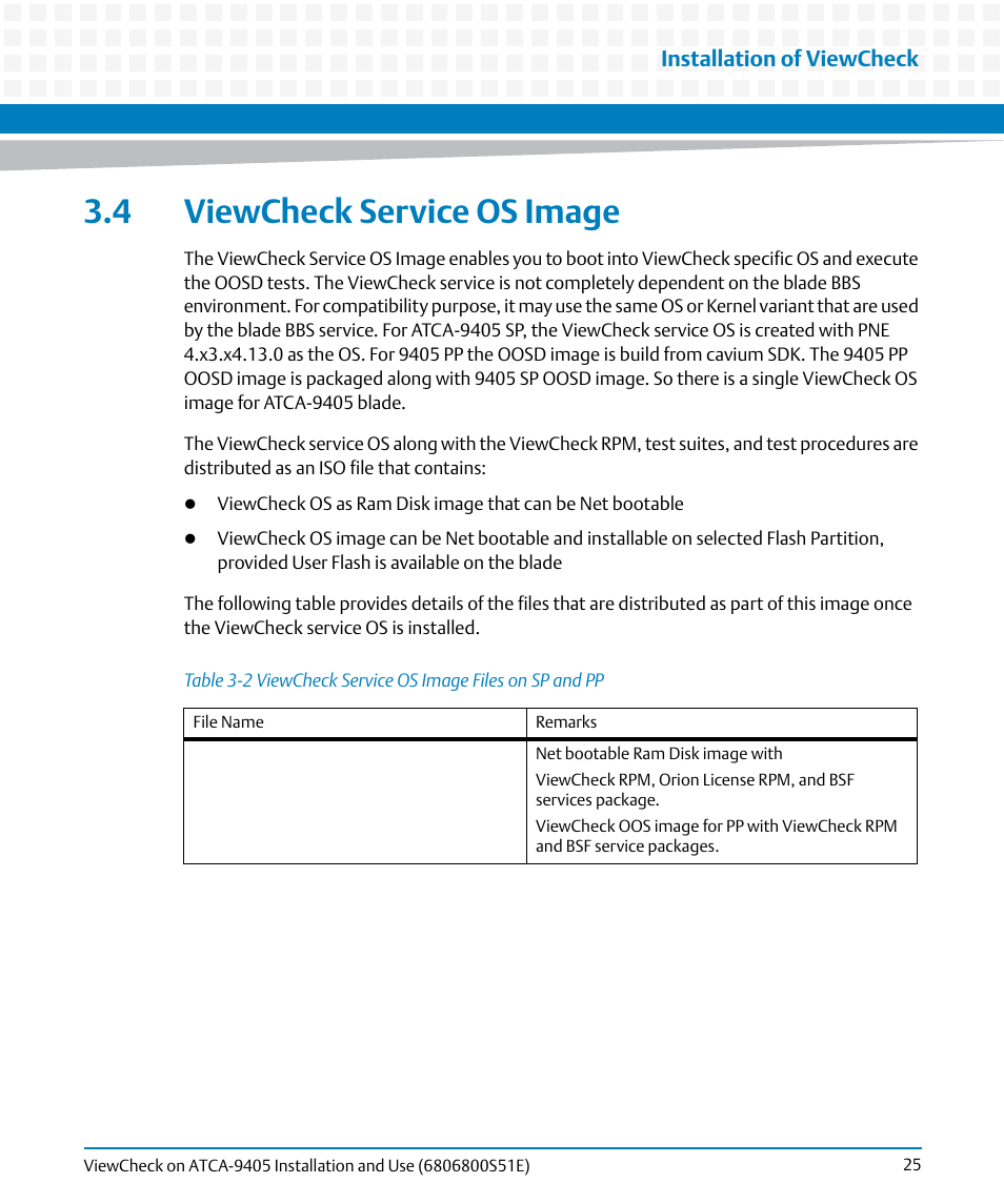 4 viewcheck service os image, Table 3-2, Viewcheck service os image files on sp and pp | Viewcheck service os image | Artesyn ViewCheck on ATCA-9405 Installation and Use (September 2014) User Manual | Page 25 / 90