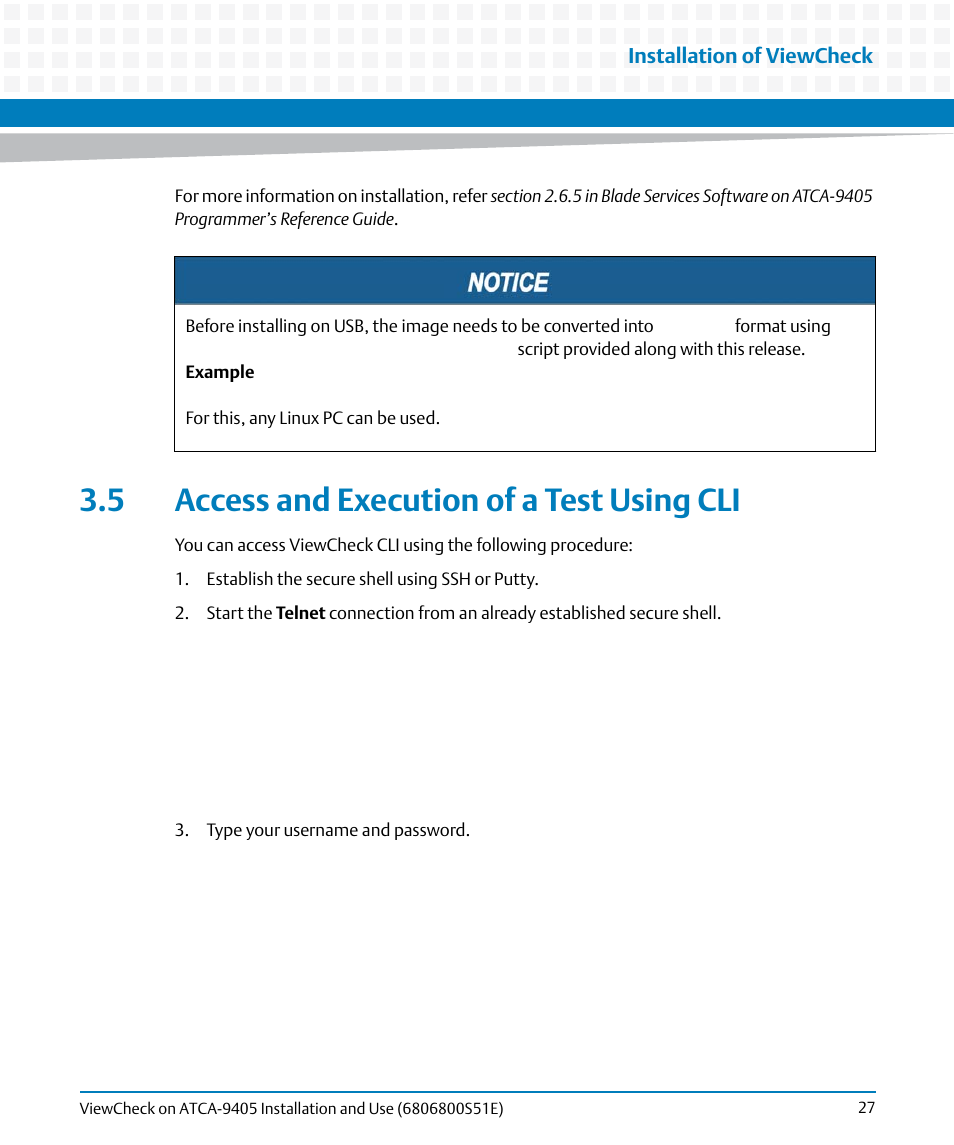 5 access and execution of a test using cli | Artesyn ViewCheck on ATCA-9405 Installation and Use (September 2014) User Manual | Page 27 / 90