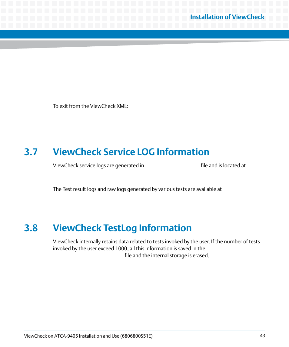 7 viewcheck service log information, 8 viewcheck testlog information, Viewcheck testlog information | And sfpde | Artesyn ViewCheck on ATCA-9405 Installation and Use (September 2014) User Manual | Page 43 / 90