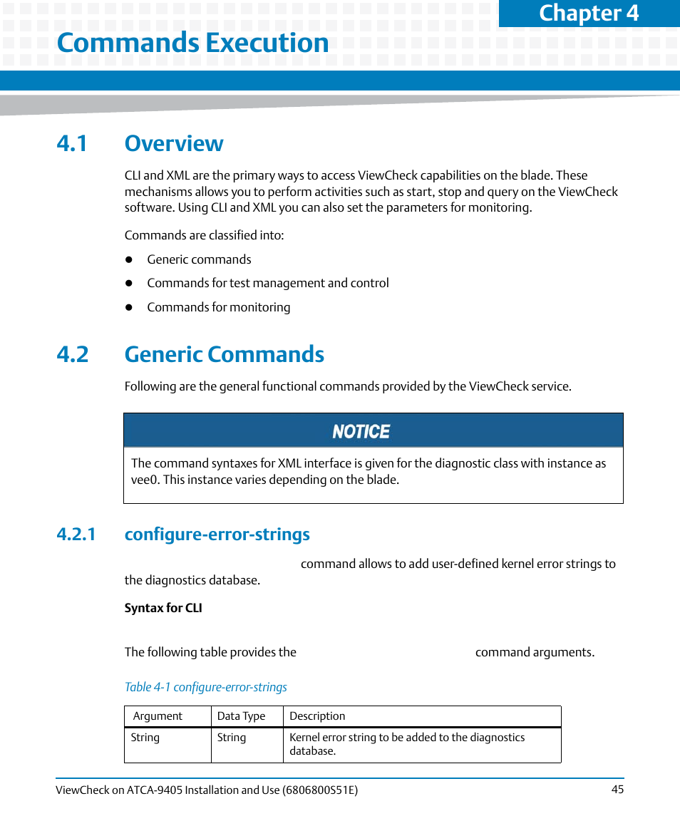 Commands execution, 1 overview, 2 generic commands | 1 configure-error-strings, 1 overview 4.2 generic commands, Table 4-1, Configure-error-strings, Generic, Commands, Execution | Artesyn ViewCheck on ATCA-9405 Installation and Use (September 2014) User Manual | Page 45 / 90