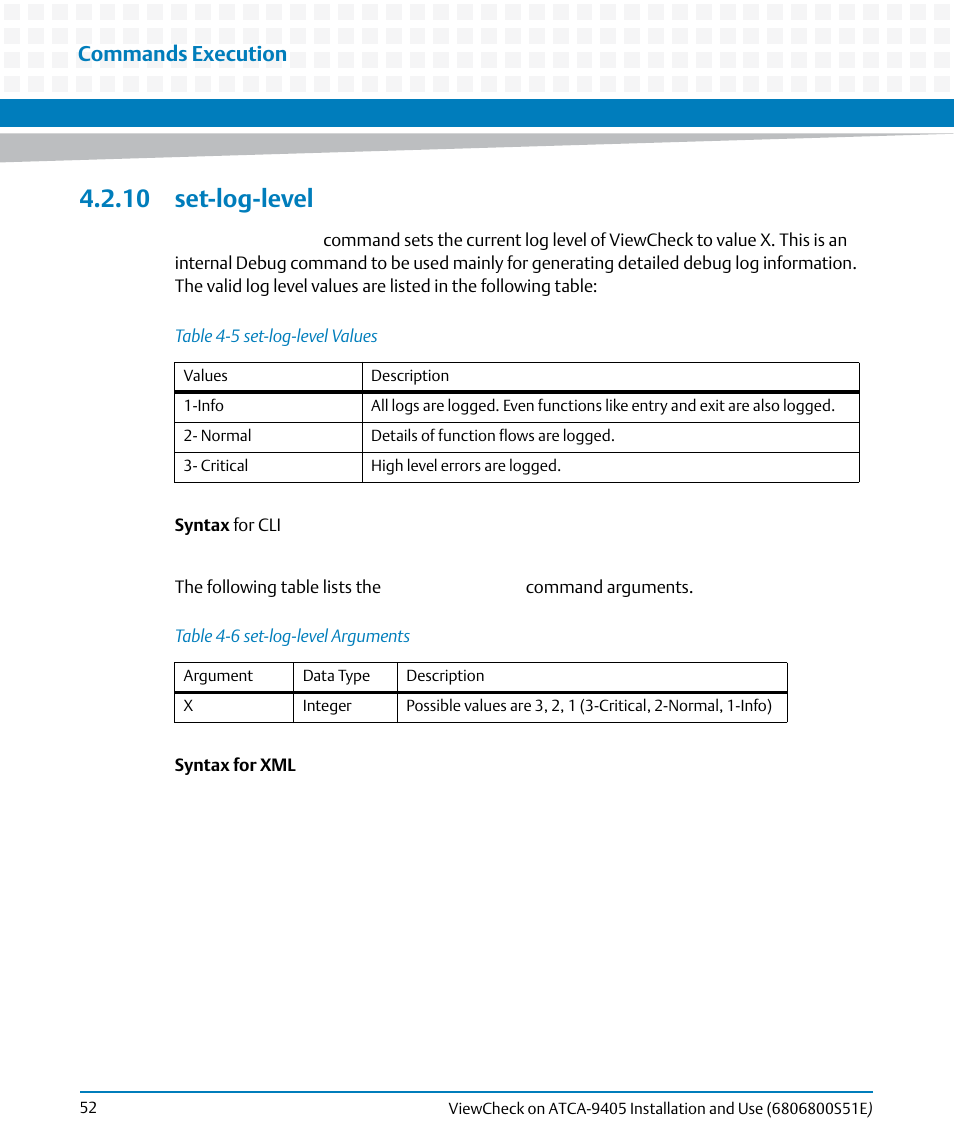 10 set-log-level, Table 4-5, Set-log-level values | Table 4-6, Set-log-level arguments, Commands execution | Artesyn ViewCheck on ATCA-9405 Installation and Use (September 2014) User Manual | Page 52 / 90