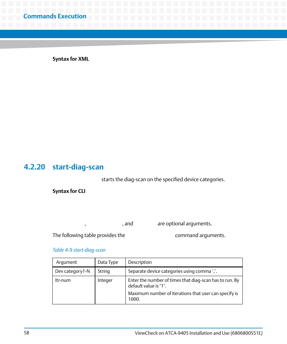 20 start-diag-scan, Table 4-9, Start-diag-scan | Commands execution | Artesyn ViewCheck on ATCA-9405 Installation and Use (September 2014) User Manual | Page 58 / 90