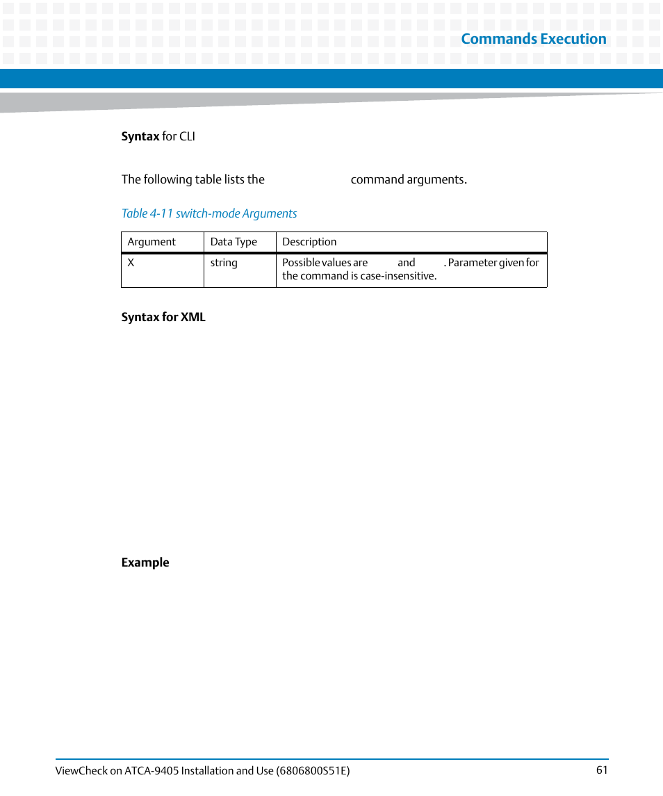 Table 4-11, Switch-mode arguments, Commands execution | Artesyn ViewCheck on ATCA-9405 Installation and Use (September 2014) User Manual | Page 61 / 90