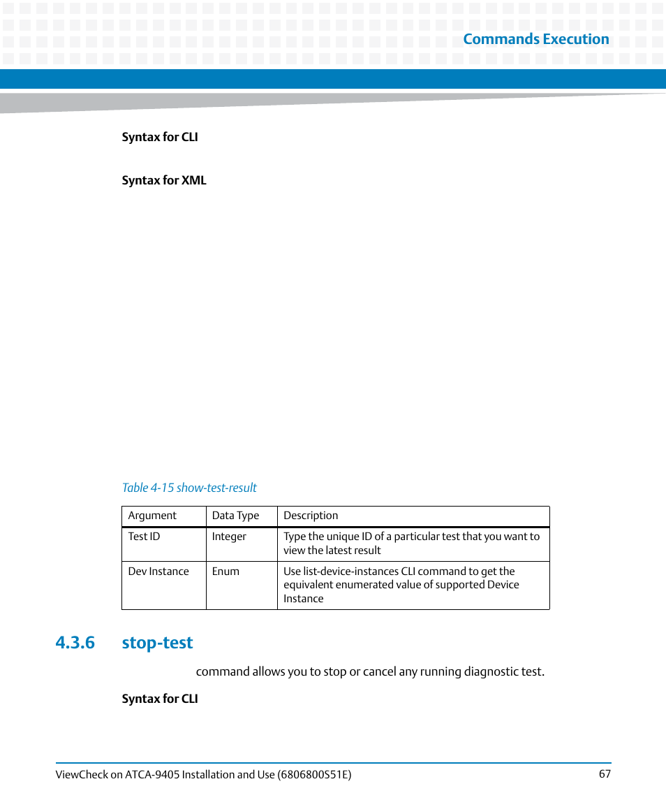 6 stop-test, Table 4-15, Show-test-result | Commands execution | Artesyn ViewCheck on ATCA-9405 Installation and Use (September 2014) User Manual | Page 67 / 90