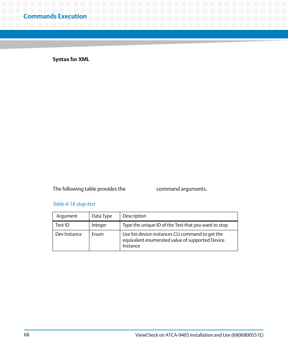 Table 4-16, Stop-test, Commands execution | Artesyn ViewCheck on ATCA-9405 Installation and Use (September 2014) User Manual | Page 68 / 90