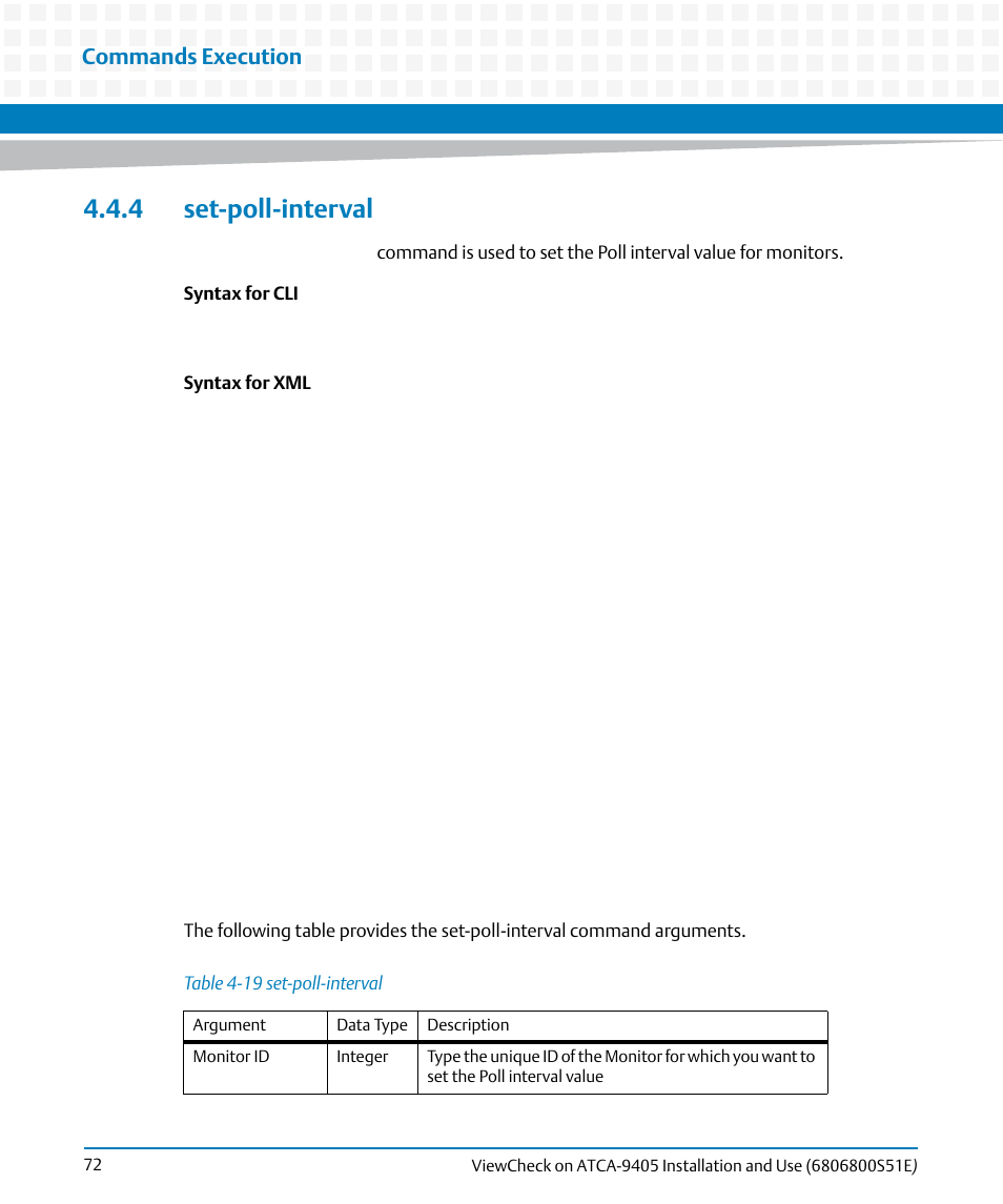4 set-poll-interval, Table 4-19, Set-poll-interval | Commands execution | Artesyn ViewCheck on ATCA-9405 Installation and Use (September 2014) User Manual | Page 72 / 90