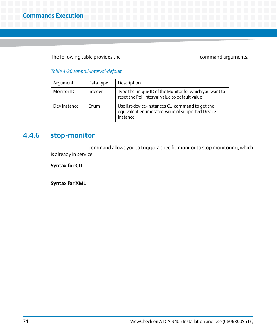 6 stop-monitor, Table 4-20, Set-poll-interval-default | Commands execution | Artesyn ViewCheck on ATCA-9405 Installation and Use (September 2014) User Manual | Page 74 / 90