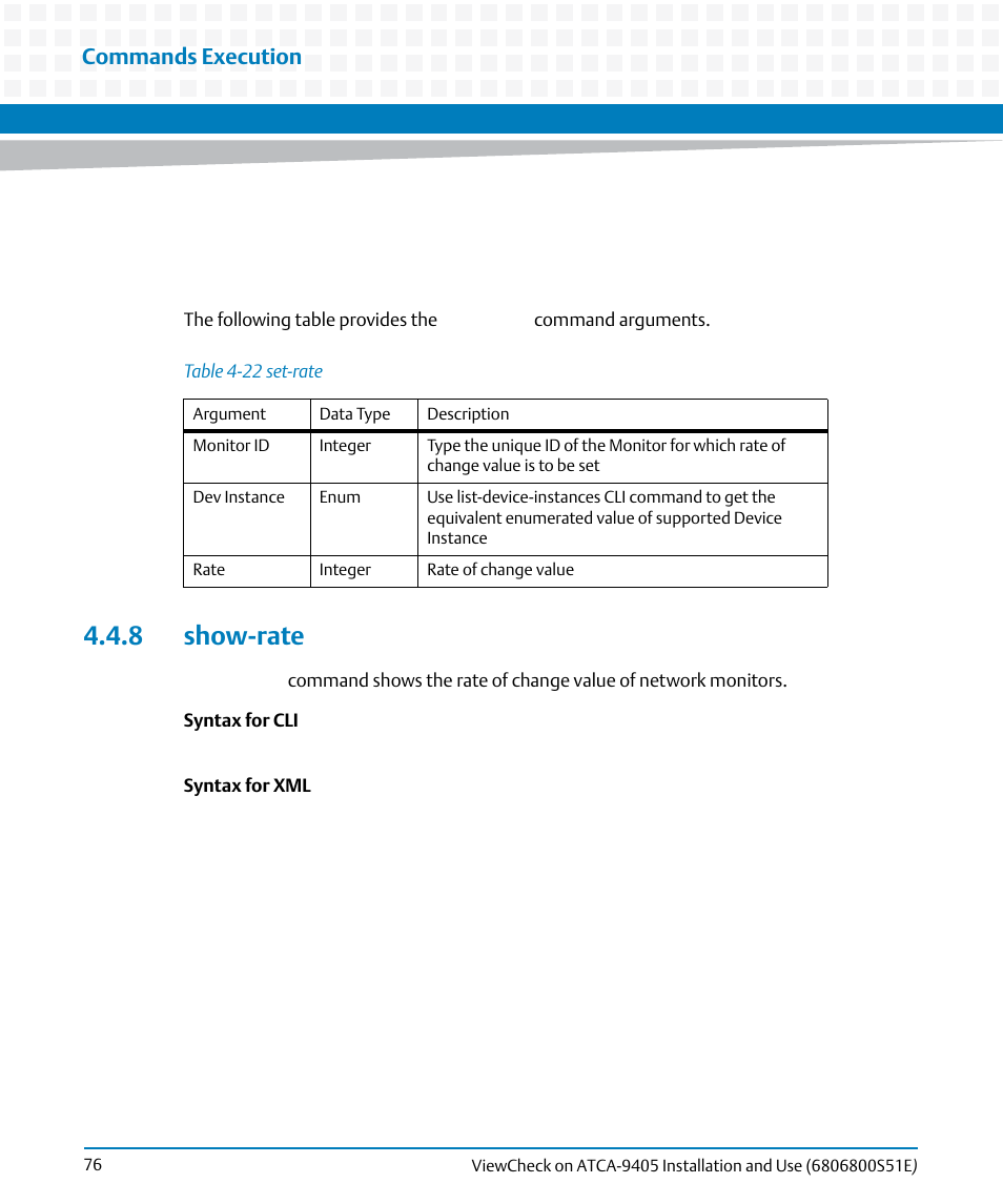 8 show-rate, Table 4-22, Set-rate | Commands execution | Artesyn ViewCheck on ATCA-9405 Installation and Use (September 2014) User Manual | Page 76 / 90