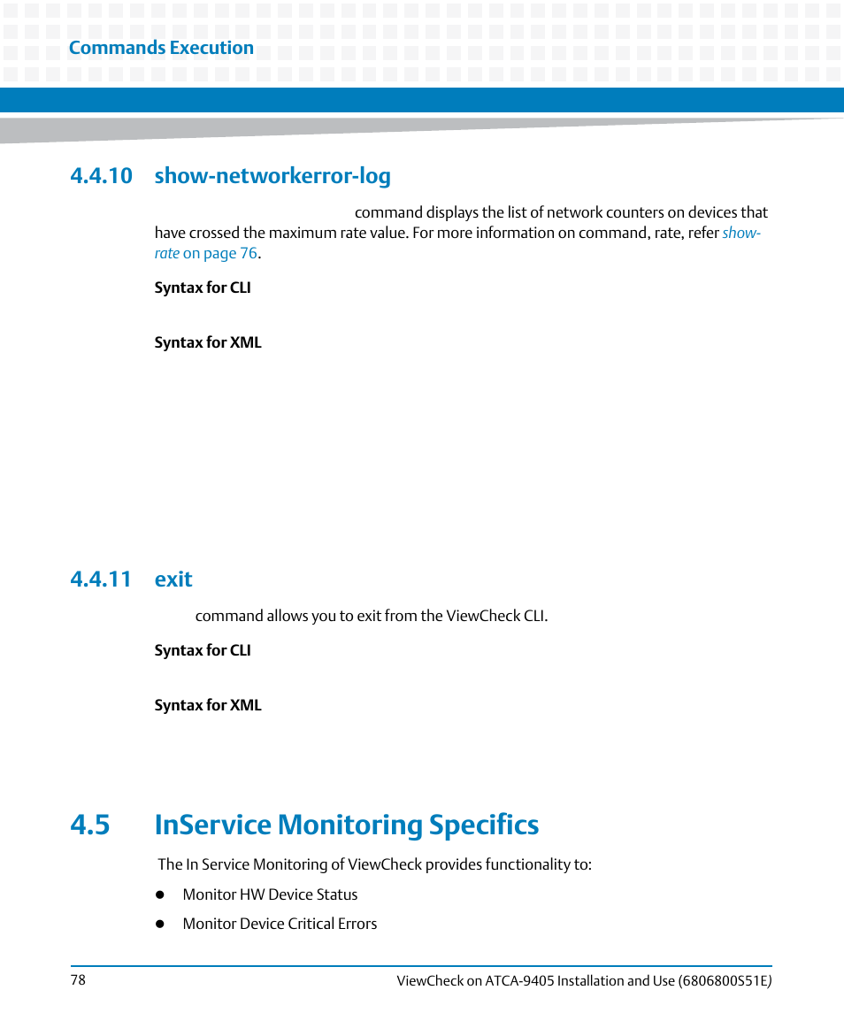 10 show-networkerror-log, 11 exit, 5 inservice monitoring specifics | 10 show-networkerror-log 4.4.11 exit | Artesyn ViewCheck on ATCA-9405 Installation and Use (September 2014) User Manual | Page 78 / 90