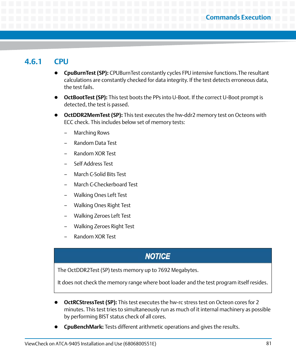 1 cpu, Commands execution | Artesyn ViewCheck on ATCA-9405 Installation and Use (September 2014) User Manual | Page 81 / 90