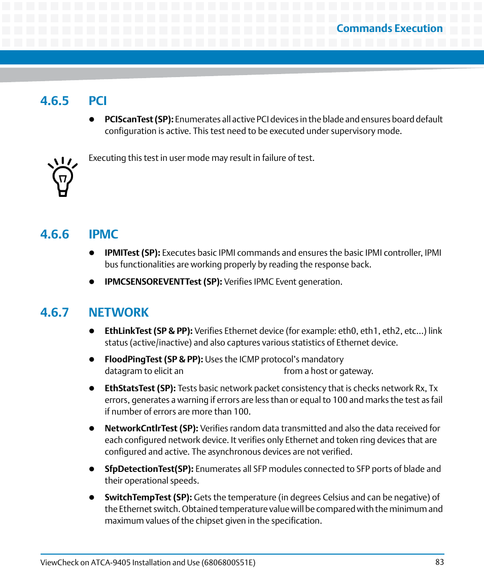 5 pci, 6 ipmc, 7 network | 5 pci 4.6.6 ipmc 4.6.7 network | Artesyn ViewCheck on ATCA-9405 Installation and Use (September 2014) User Manual | Page 83 / 90