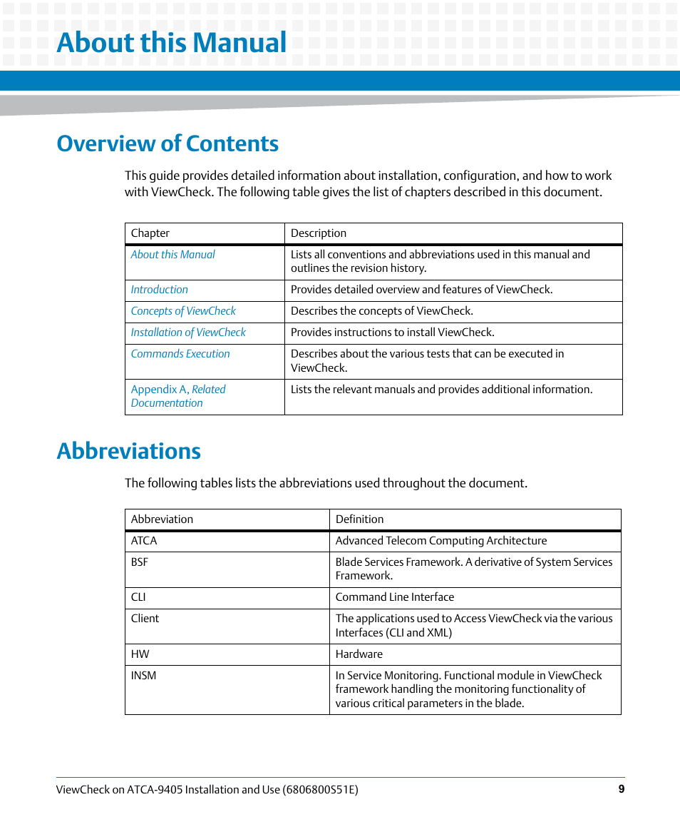 About this manual, Overview of contents, Abbreviations | Artesyn ViewCheck on ATCA-9405 Installation and Use (September 2014) User Manual | Page 9 / 90