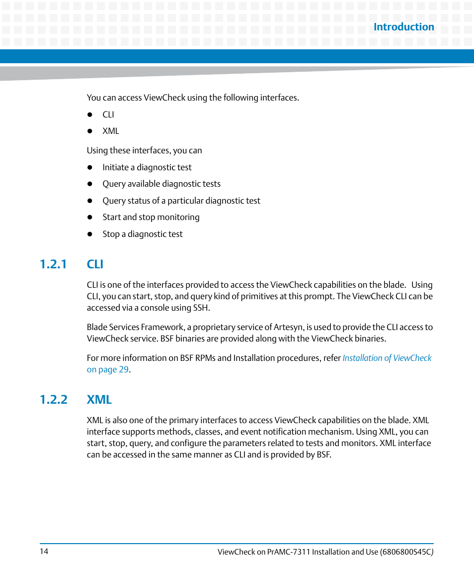 1 cli, 2 xml, 1 cli 1.2.2 xml | Introduction | Artesyn ViewCheck on PrAMC-7311 Installation and Use (May 2014) User Manual | Page 14 / 94