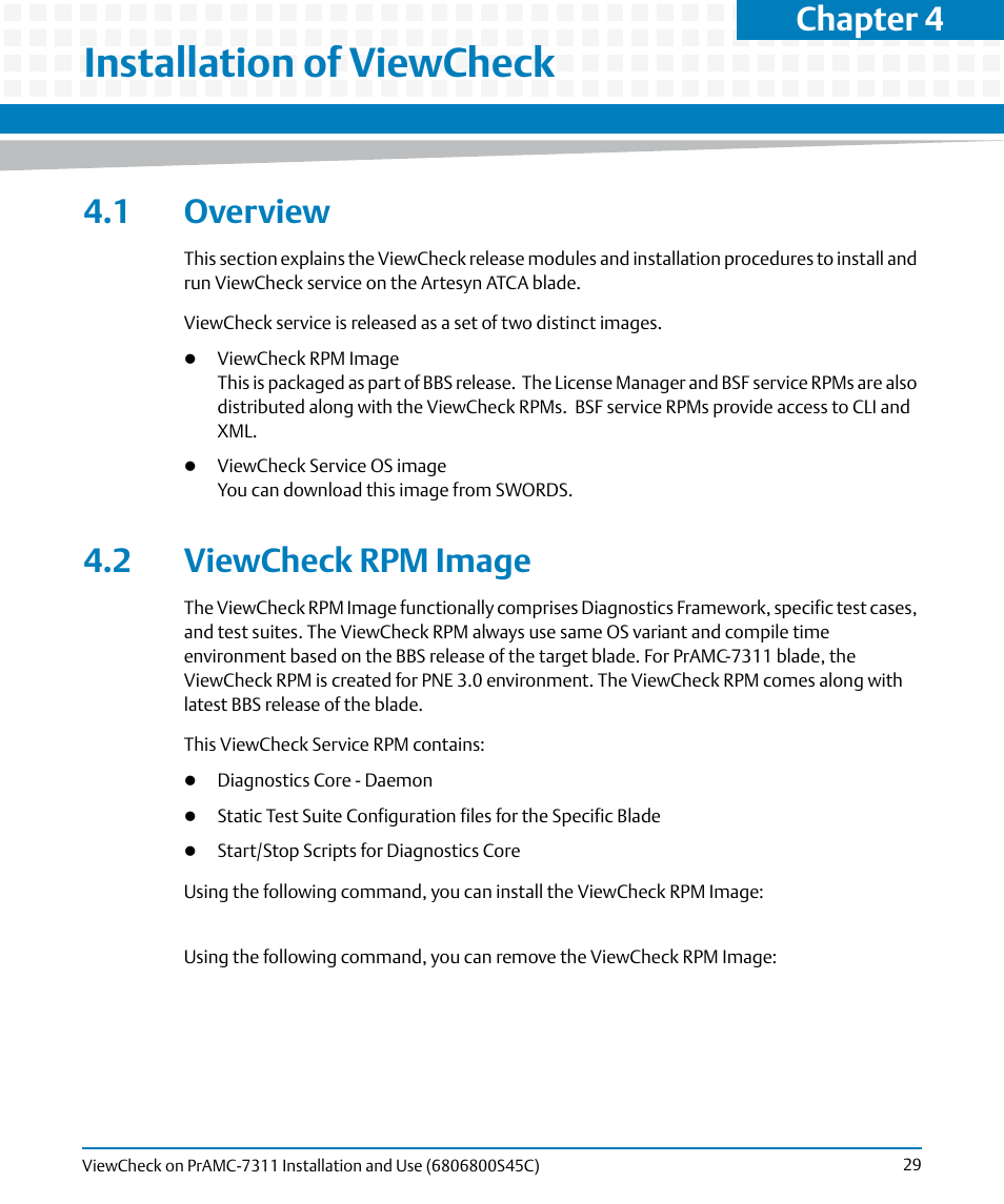 Installation of viewcheck, 1 overview, 2 viewcheck rpm image | 1 overview 4.2 viewcheck rpm image, Chapter 4 | Artesyn ViewCheck on PrAMC-7311 Installation and Use (May 2014) User Manual | Page 29 / 94