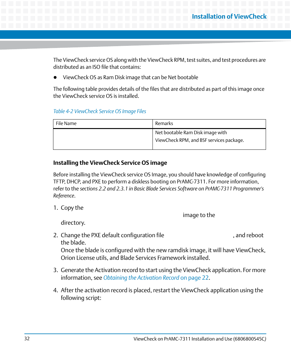 Table 4-2, Viewcheck service os image files, Installation of viewcheck | Artesyn ViewCheck on PrAMC-7311 Installation and Use (May 2014) User Manual | Page 32 / 94