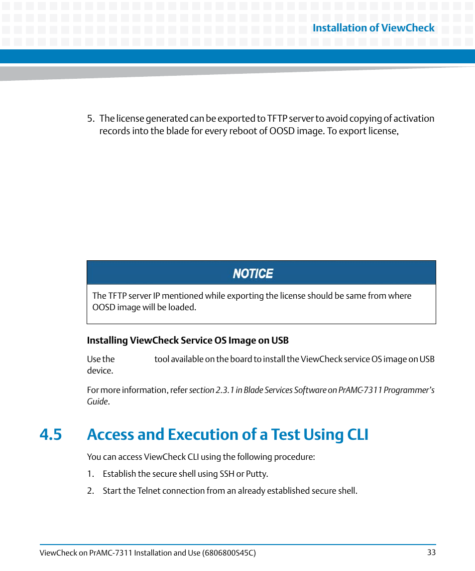 5 access and execution of a test using cli, Access and execution of a test, Using cli | Artesyn ViewCheck on PrAMC-7311 Installation and Use (May 2014) User Manual | Page 33 / 94