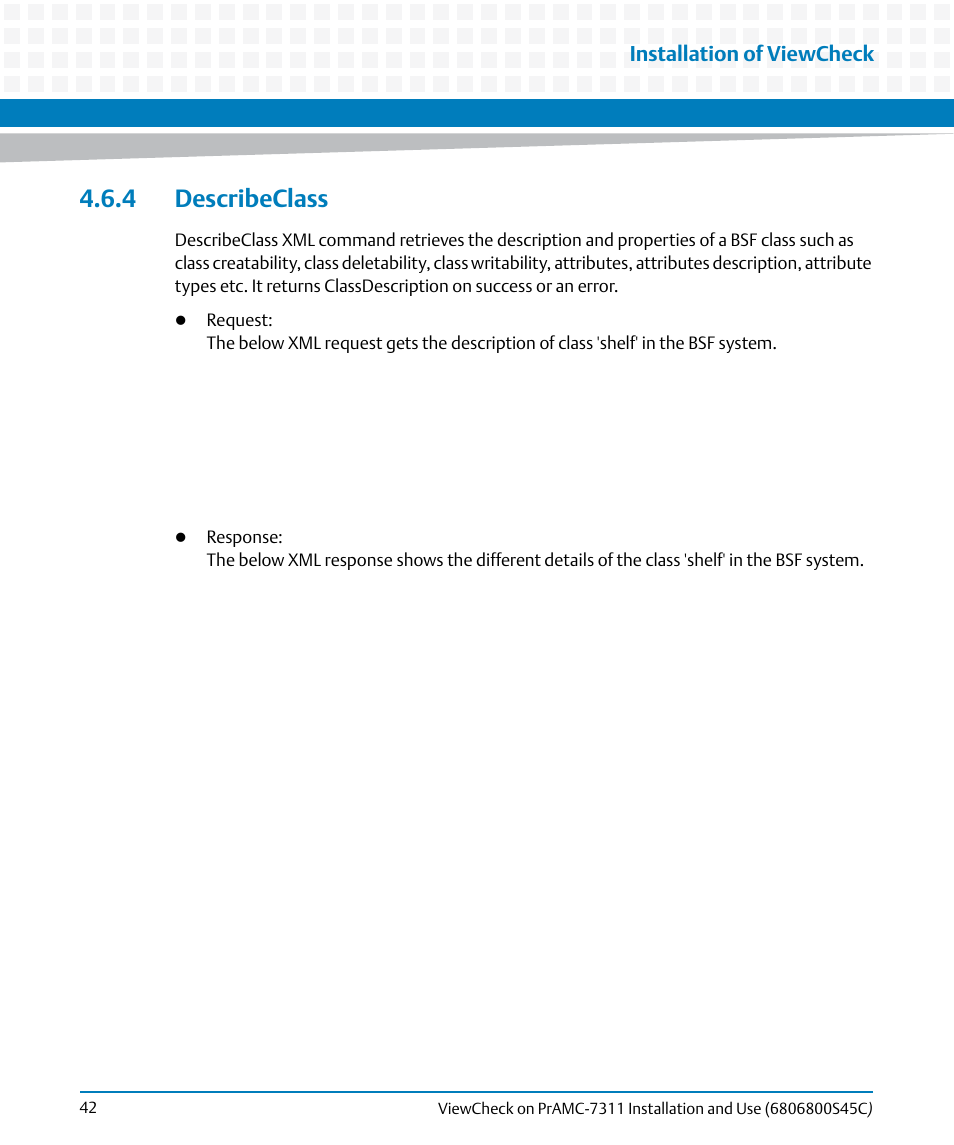 4 describeclass, Installation of viewcheck | Artesyn ViewCheck on PrAMC-7311 Installation and Use (May 2014) User Manual | Page 42 / 94