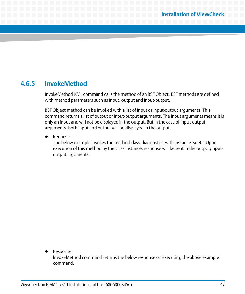 5 invokemethod, Installation of viewcheck | Artesyn ViewCheck on PrAMC-7311 Installation and Use (May 2014) User Manual | Page 47 / 94
