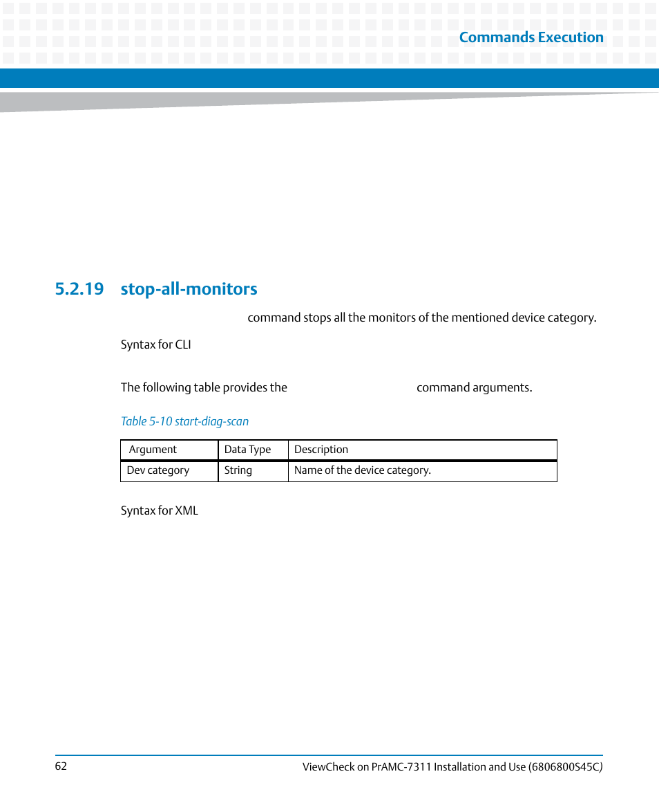 19 stop-all-monitors, Table 5-10, Start-diag-scan | Commands execution | Artesyn ViewCheck on PrAMC-7311 Installation and Use (May 2014) User Manual | Page 62 / 94