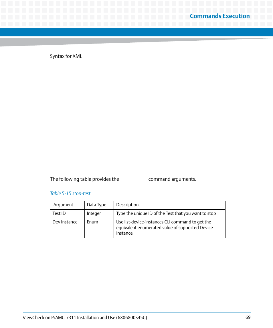 Table 5-15, Stop-test, Commands execution | Artesyn ViewCheck on PrAMC-7311 Installation and Use (May 2014) User Manual | Page 69 / 94