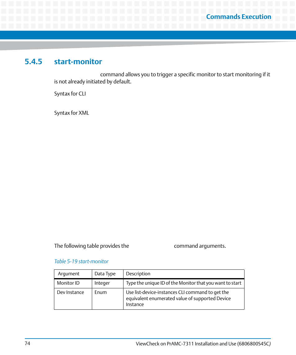 5 start-monitor, Table 5-19, Start-monitor | Commands execution | Artesyn ViewCheck on PrAMC-7311 Installation and Use (May 2014) User Manual | Page 74 / 94