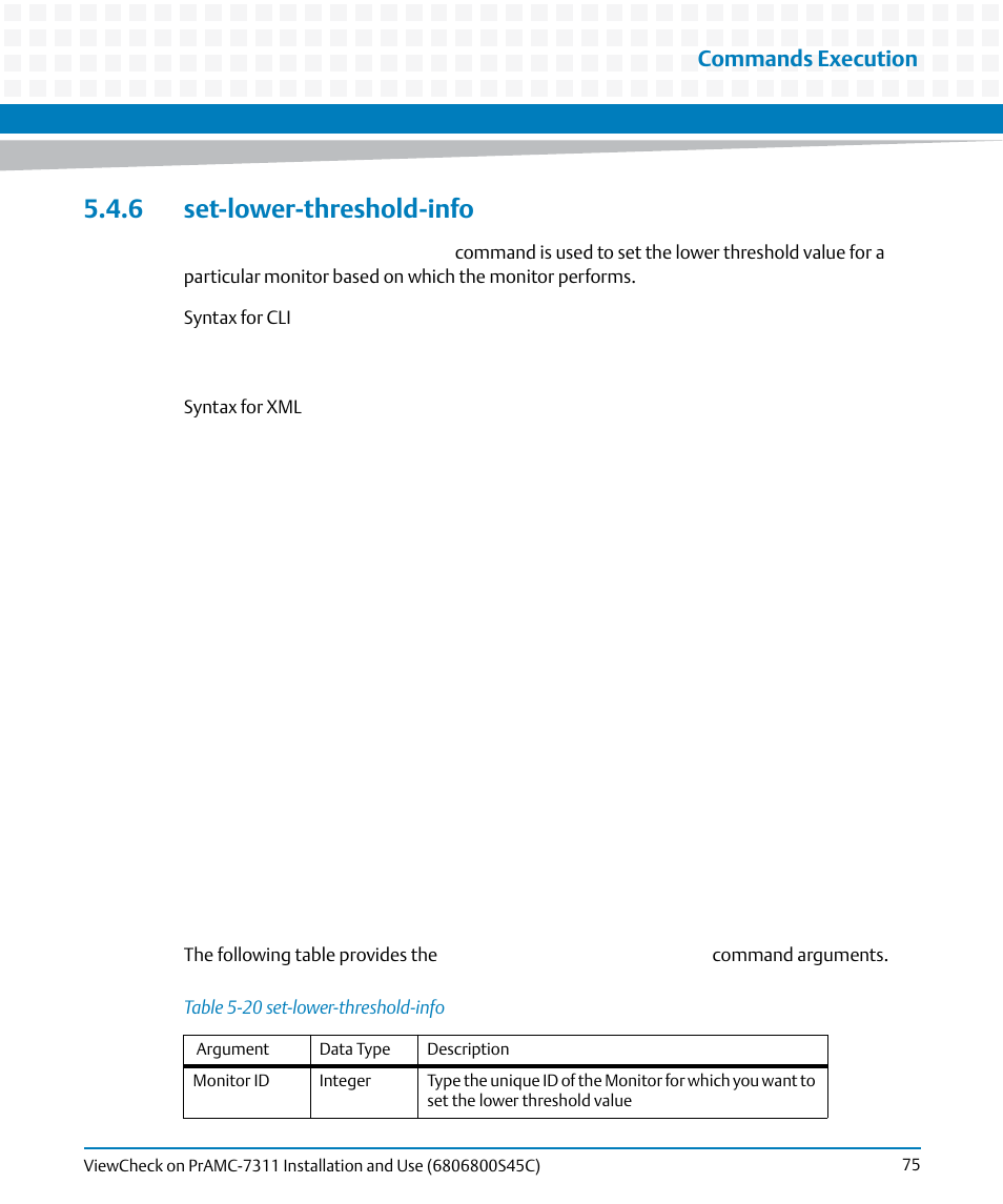 6 set-lower-threshold-info, Table 5-20, Set-lower-threshold-info | Commands execution | Artesyn ViewCheck on PrAMC-7311 Installation and Use (May 2014) User Manual | Page 75 / 94