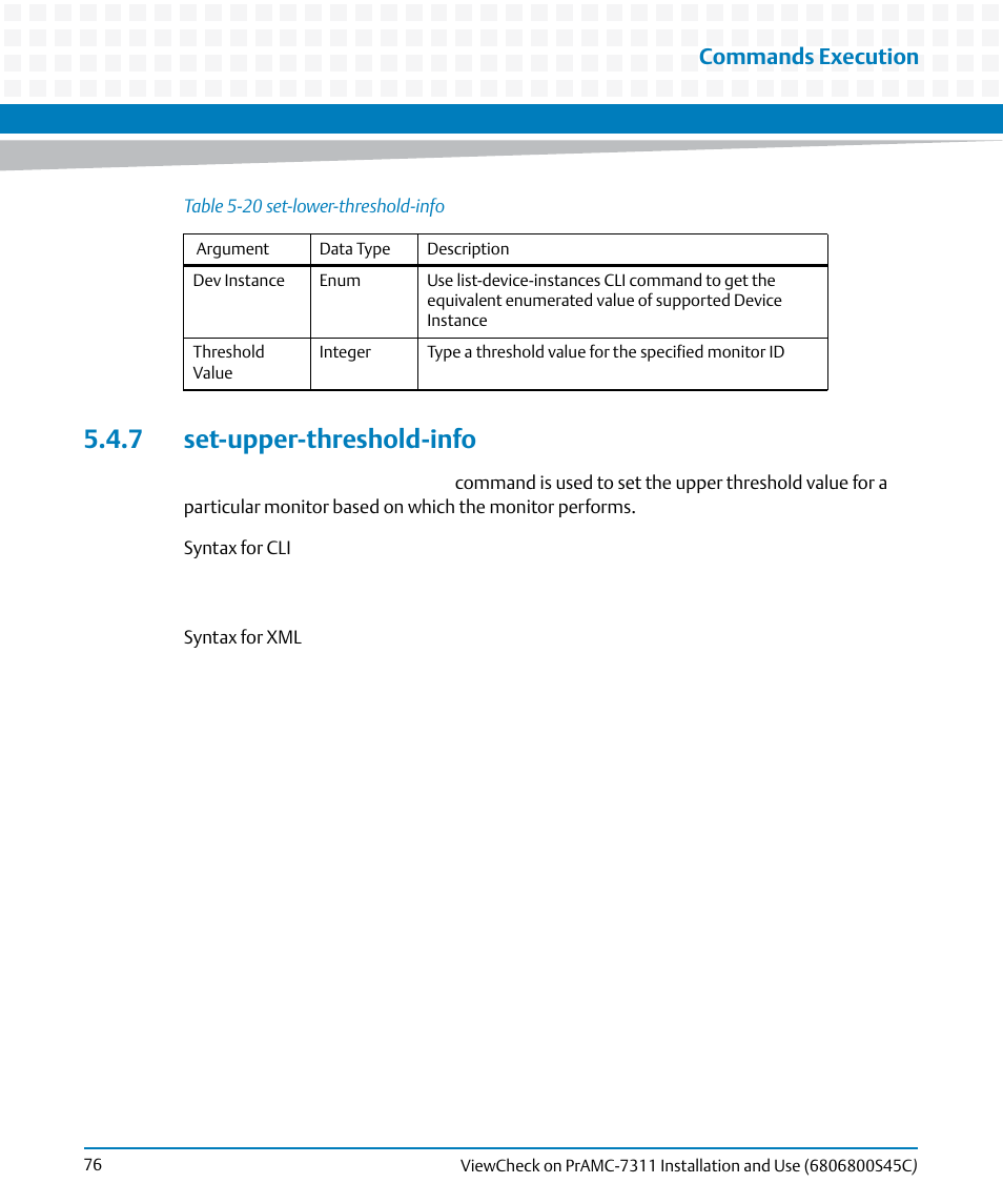 7 set-upper-threshold-info, Commands execution | Artesyn ViewCheck on PrAMC-7311 Installation and Use (May 2014) User Manual | Page 76 / 94