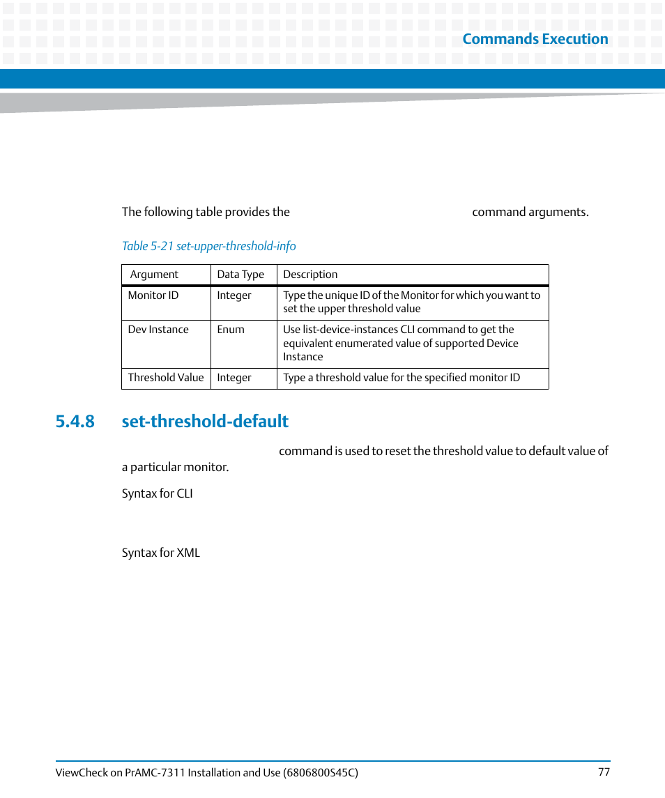 8 set-threshold-default, Table 5-21, Set-upper-threshold-info | Commands execution | Artesyn ViewCheck on PrAMC-7311 Installation and Use (May 2014) User Manual | Page 77 / 94