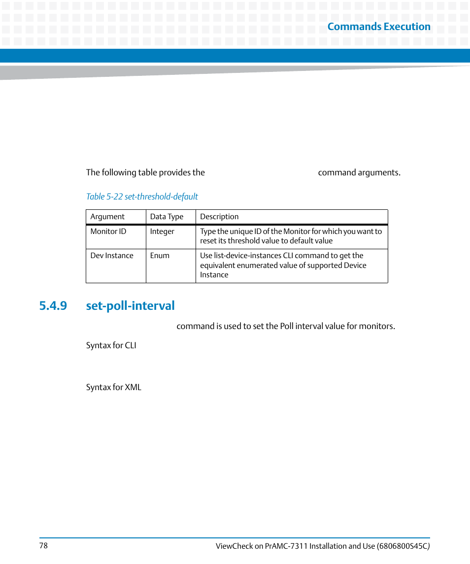 9 set-poll-interval, Table 5-22, Set-threshold-default | Commands execution | Artesyn ViewCheck on PrAMC-7311 Installation and Use (May 2014) User Manual | Page 78 / 94