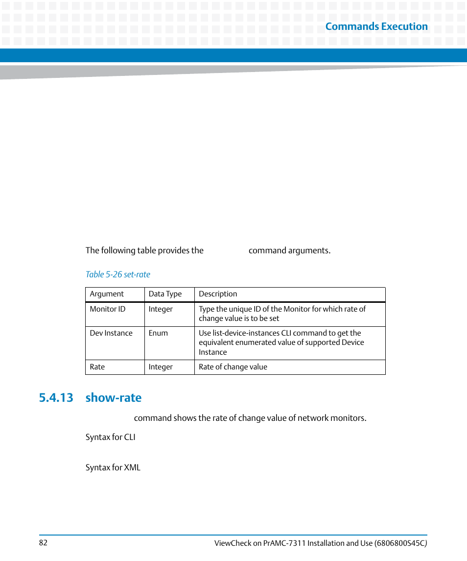 13 show-rate, Table 5-26, Set-rate | Commands execution | Artesyn ViewCheck on PrAMC-7311 Installation and Use (May 2014) User Manual | Page 82 / 94