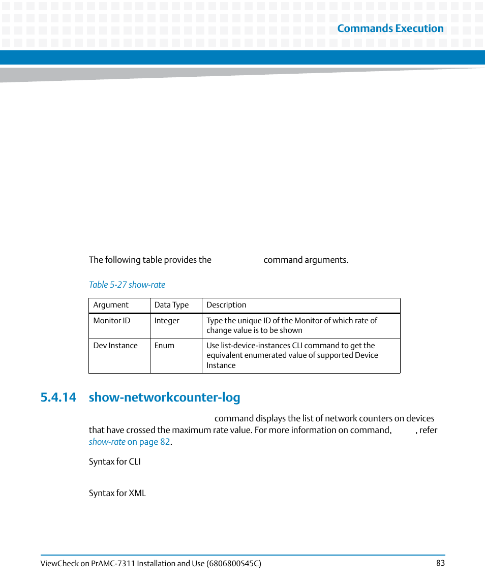 14 show-networkcounter-log, Table 5-27, Show-rate | Commands execution | Artesyn ViewCheck on PrAMC-7311 Installation and Use (May 2014) User Manual | Page 83 / 94