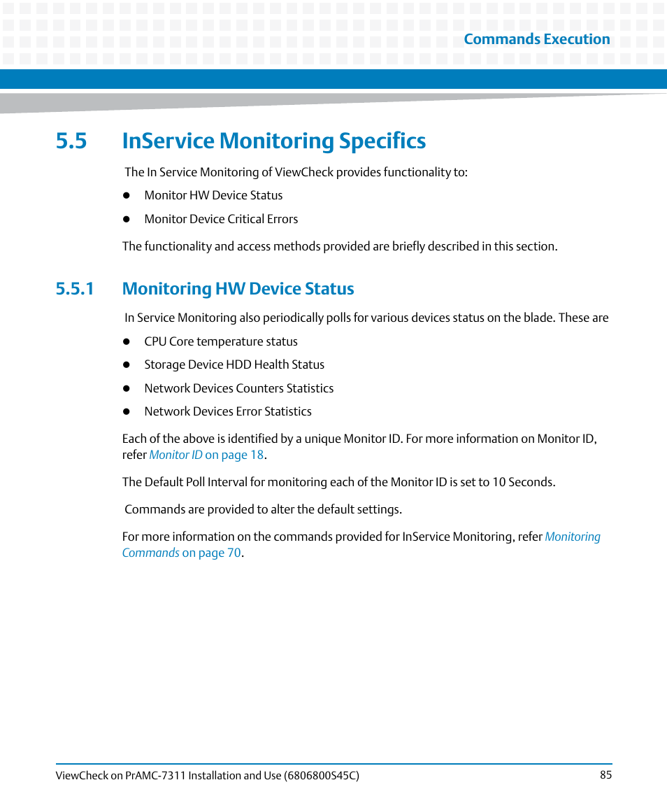 5 inservice monitoring specifics, 1 monitoring hw device status | Artesyn ViewCheck on PrAMC-7311 Installation and Use (May 2014) User Manual | Page 85 / 94