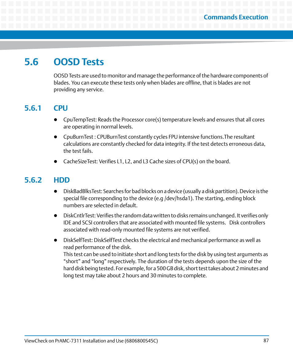 6 oosd tests, 1 cpu, 2 hdd | 1 cpu 5.6.2 hdd | Artesyn ViewCheck on PrAMC-7311 Installation and Use (May 2014) User Manual | Page 87 / 94