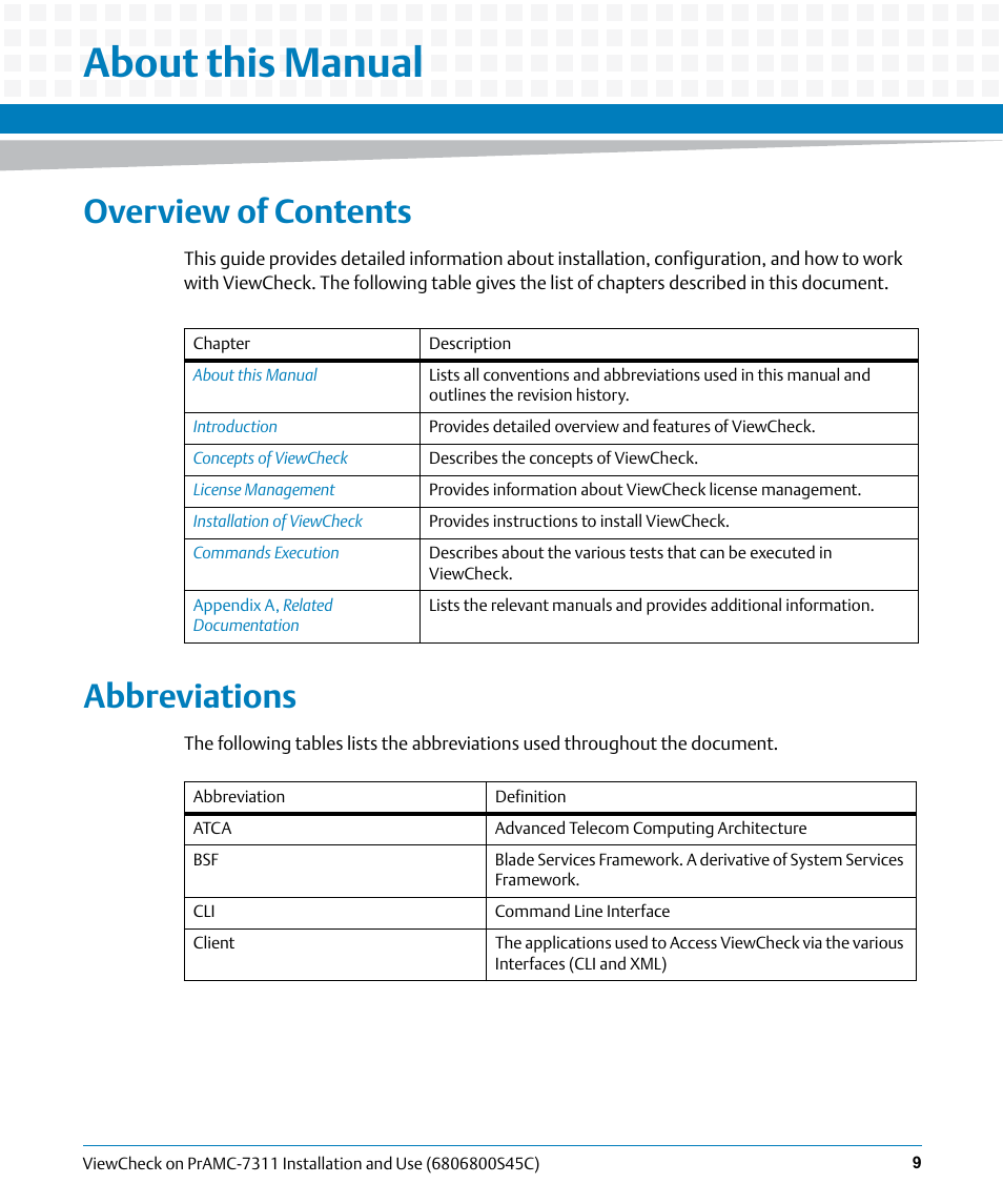 About this manual, Overview of contents, Abbreviations | Artesyn ViewCheck on PrAMC-7311 Installation and Use (May 2014) User Manual | Page 9 / 94