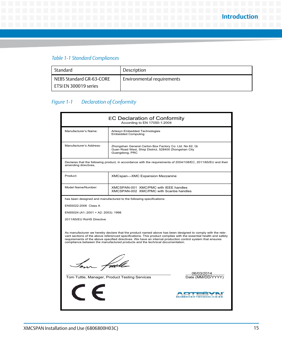 Figure 1-1, Declaration of conformity, Introduction | C declaration of conformity, Standard description | Artesyn XMCspan Installation and Use (June 2014) User Manual | Page 15 / 60