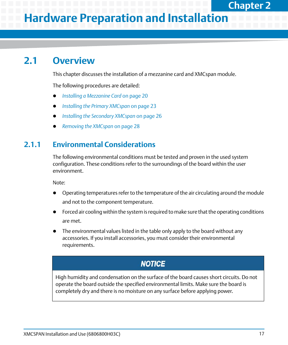 Hardware preparation and installation, 1 overview, 1 environmental considerations | Chapter 2 | Artesyn XMCspan Installation and Use (June 2014) User Manual | Page 17 / 60