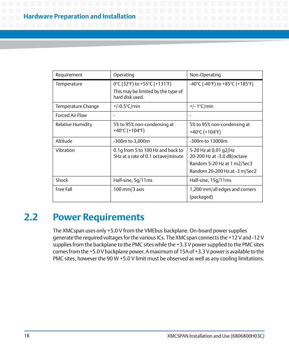 2 power requirements, Hardware preparation and installation | Artesyn XMCspan Installation and Use (June 2014) User Manual | Page 18 / 60