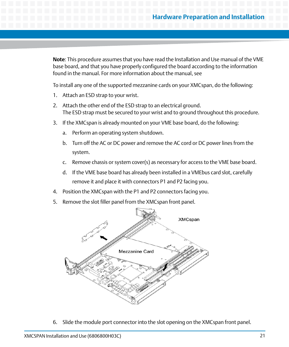 Hardware preparation and installation | Artesyn XMCspan Installation and Use (June 2014) User Manual | Page 21 / 60