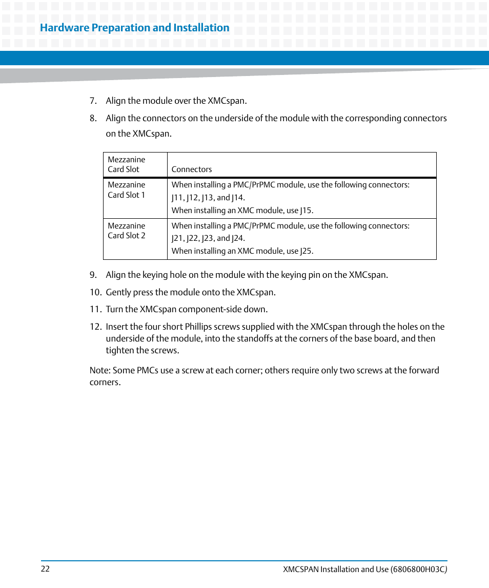 Hardware preparation and installation | Artesyn XMCspan Installation and Use (June 2014) User Manual | Page 22 / 60