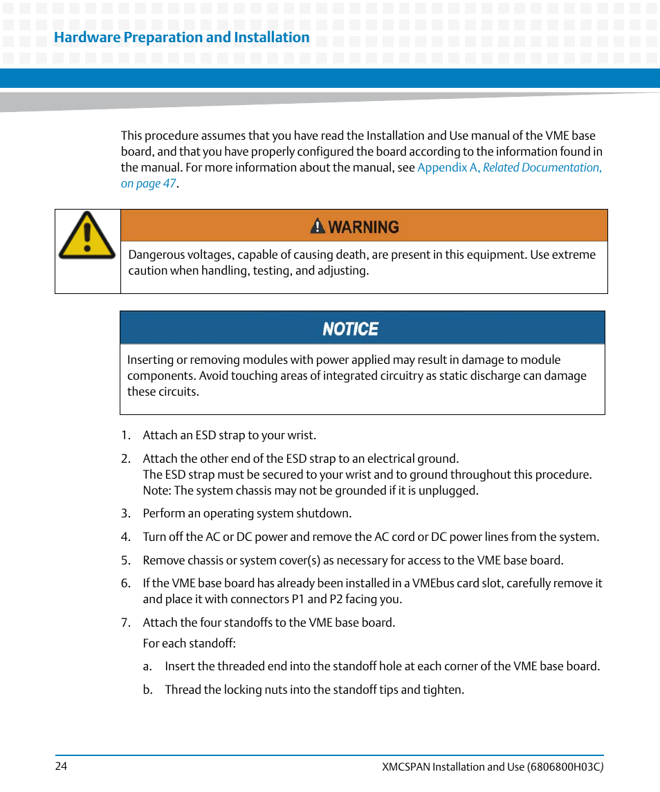 Hardware preparation and installation | Artesyn XMCspan Installation and Use (June 2014) User Manual | Page 24 / 60