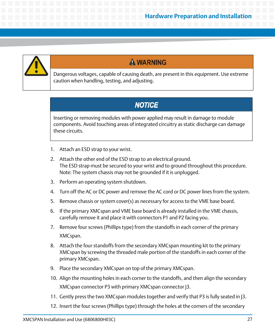 Hardware preparation and installation | Artesyn XMCspan Installation and Use (June 2014) User Manual | Page 27 / 60