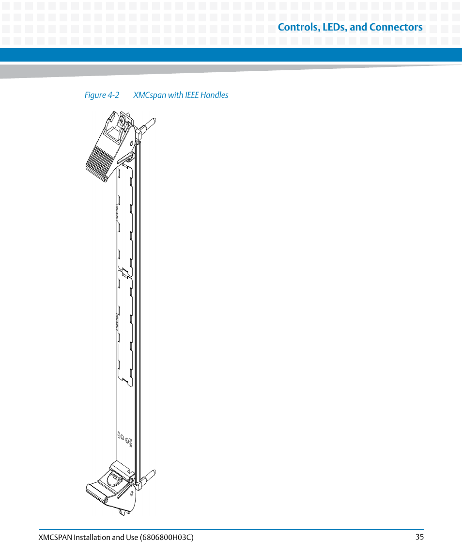 Figure 4-2, Xmcspan with ieee handles, Controls, leds, and connectors | Artesyn XMCspan Installation and Use (June 2014) User Manual | Page 35 / 60