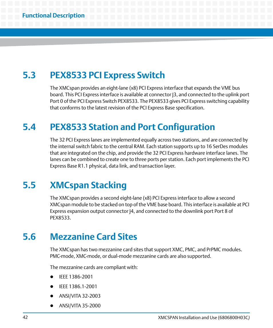3 pex8533 pci express switch, 4 pex8533 station and port configuration, 5 xmcspan stacking | 6 mezzanine card sites | Artesyn XMCspan Installation and Use (June 2014) User Manual | Page 42 / 60