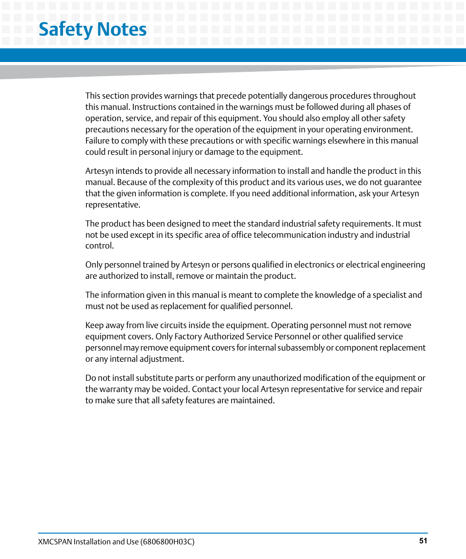 Safety notes | Artesyn XMCspan Installation and Use (June 2014) User Manual | Page 51 / 60