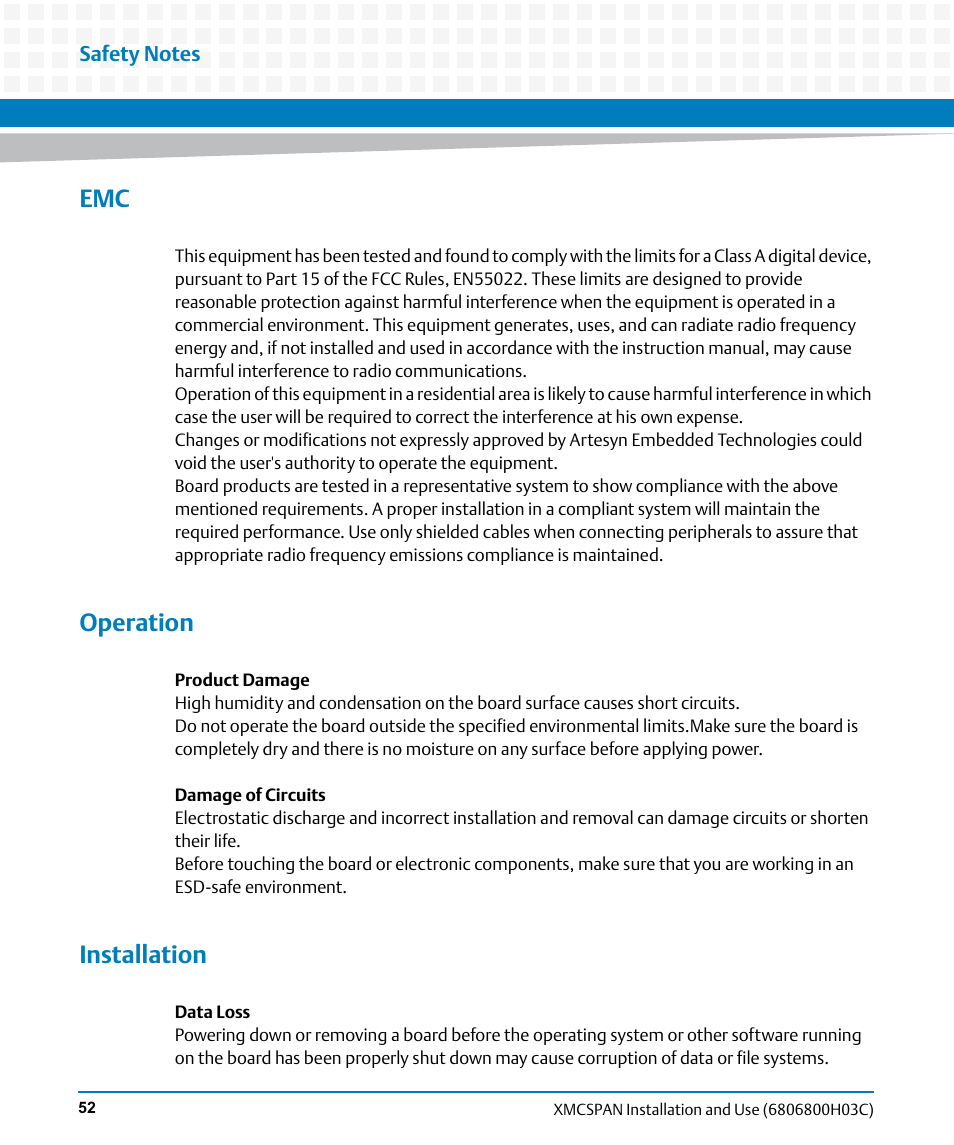 Operation, Installation | Artesyn XMCspan Installation and Use (June 2014) User Manual | Page 52 / 60