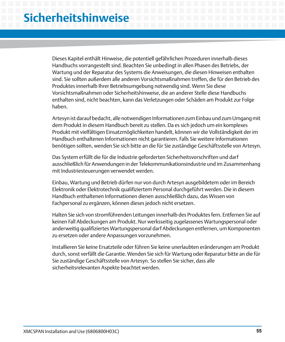 Sicherheitshinweise | Artesyn XMCspan Installation and Use (June 2014) User Manual | Page 55 / 60