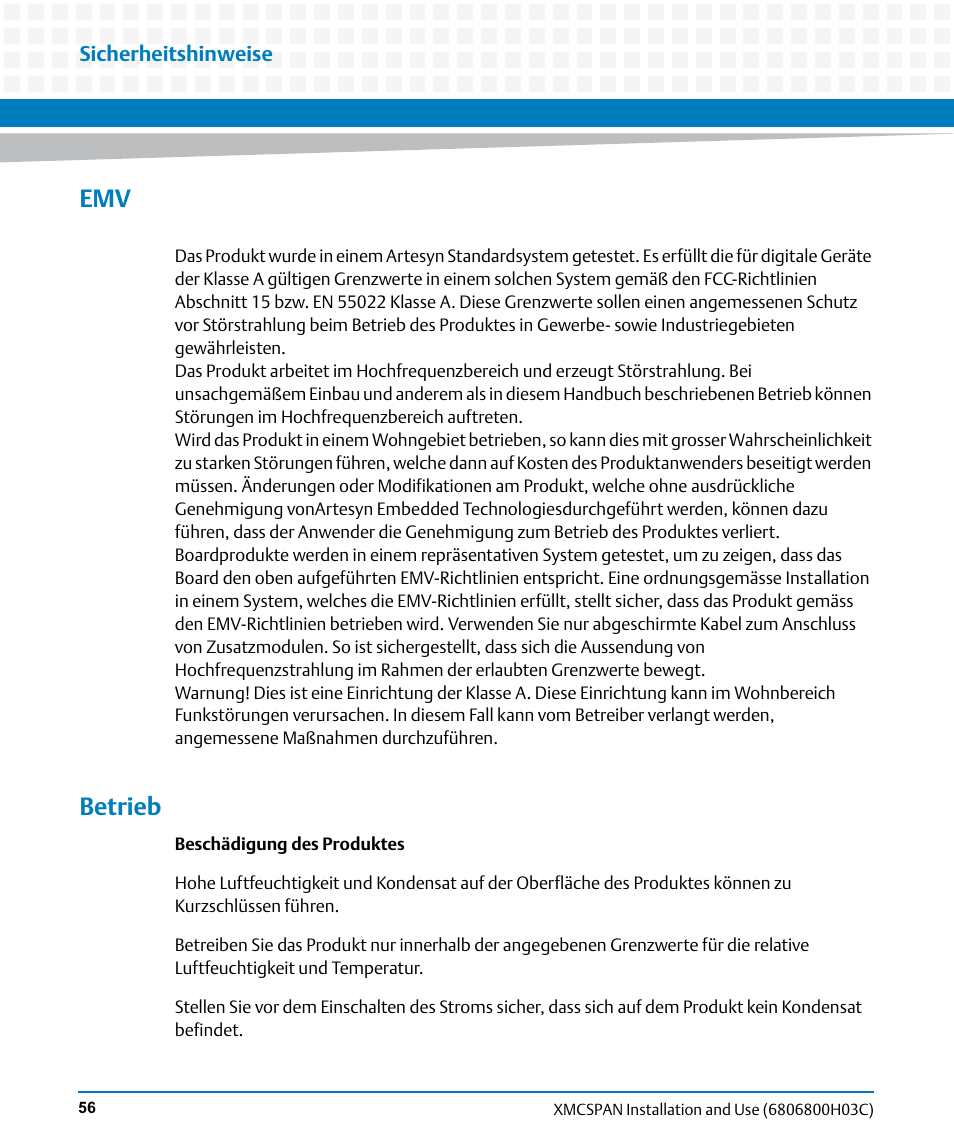 Betrieb | Artesyn XMCspan Installation and Use (June 2014) User Manual | Page 56 / 60