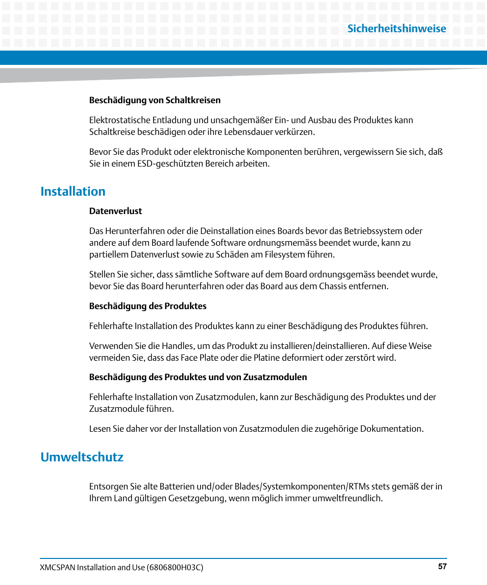 Installation, Umweltschutz | Artesyn XMCspan Installation and Use (June 2014) User Manual | Page 57 / 60