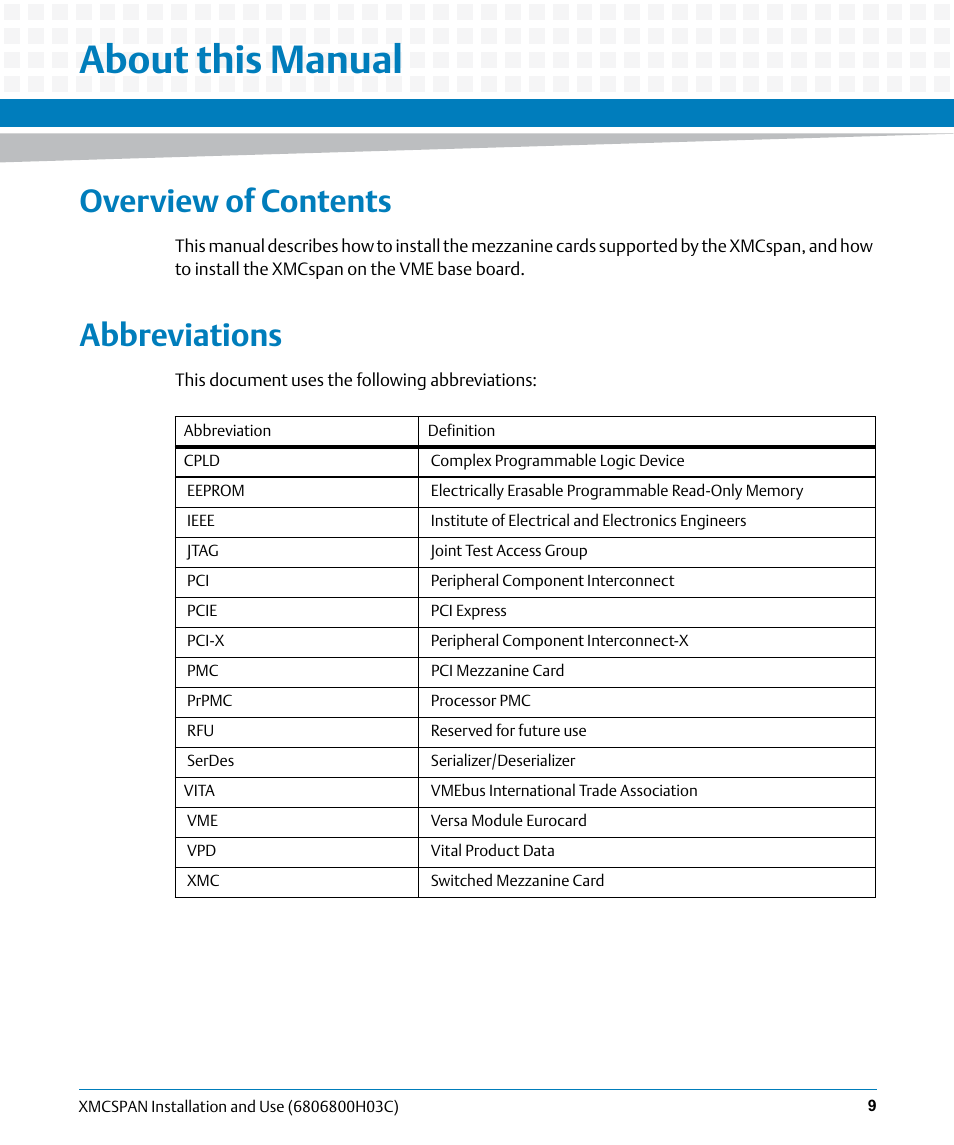 About this manual, Overview of contents, Abbreviations | Artesyn XMCspan Installation and Use (June 2014) User Manual | Page 9 / 60